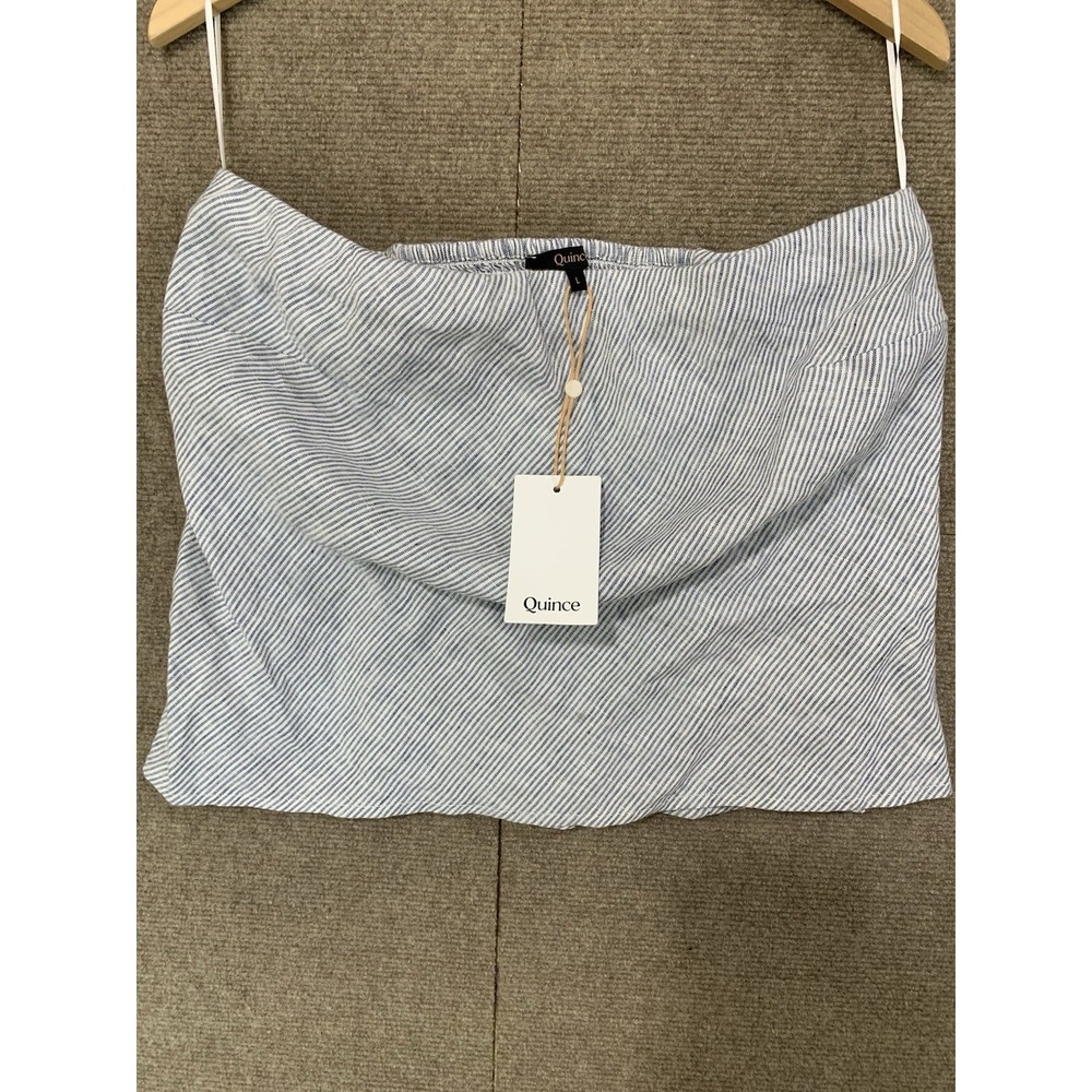 Quince Womens European Linen Stripped Strapless Top Size L Smocked Back Pull On
